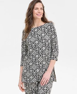 Jm Collection Women's Printed Boat-Neck 3/4 Sleeve Top, Exclusively at Macy's