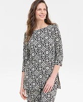 Jm Collection Women's Printed Boat-Neck 3/4 Sleeve Top, Exclusively at Macy's
