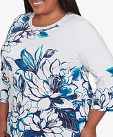 Alfred Dunner Plus Nantucket Fineline Floral Three Quarter Sleeve Top