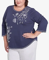 Alfred Dunner Plus Nantucket Asymmetric Floral Embroidered Top