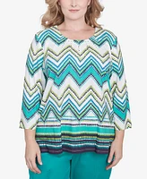 Alfred Dunner Plus Nantucket Pleated Chevron Crew Neck Top