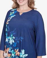 Alfred Dunner Plus Nantucket Asymmetric Floral Beaded Split Neck Top