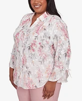 Alfred Dunner Plus Estate of Mind Collared Button Front Hydrangea Top