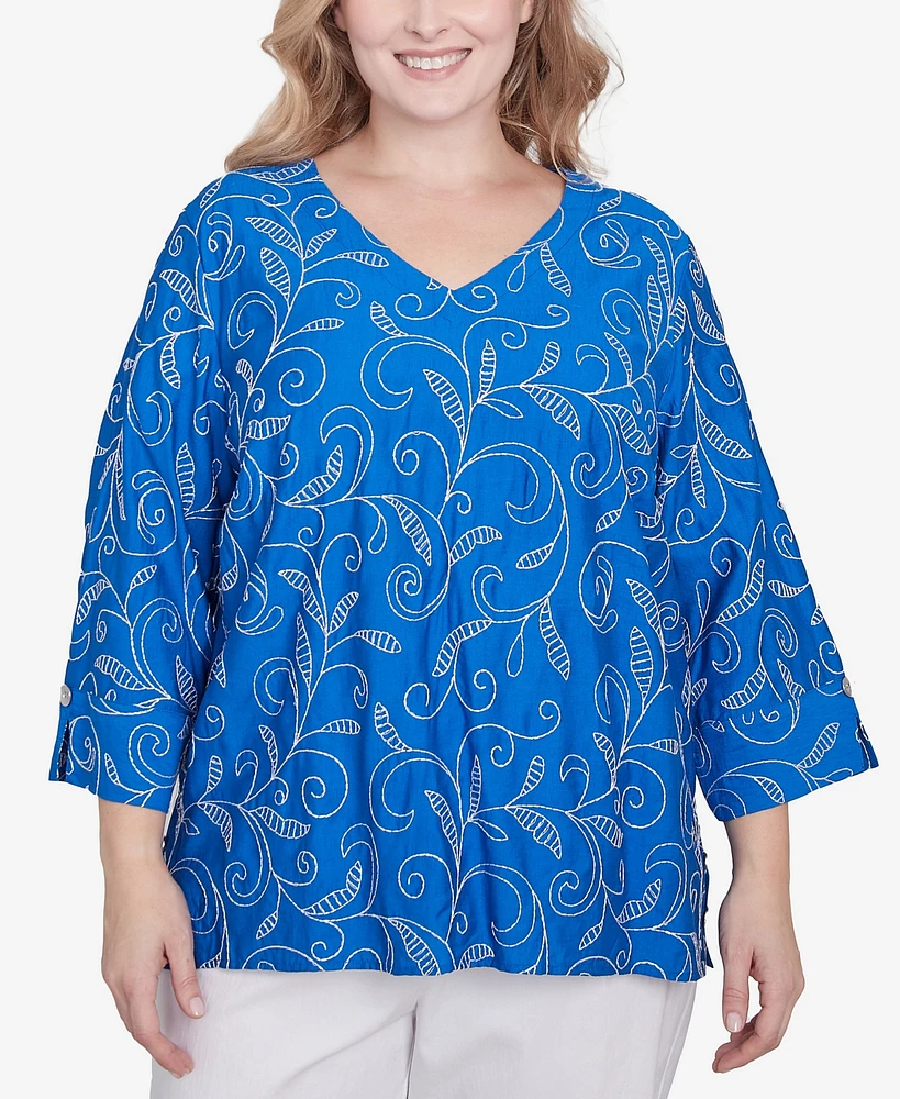 Alfred Dunner Plus Parrot Cay Scroll Embroidered Cuff Sleeve Top