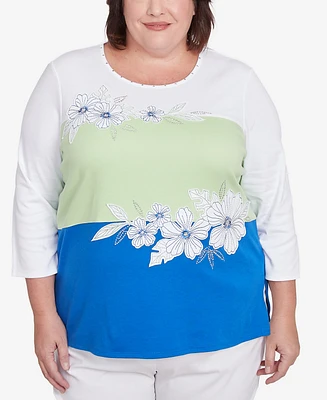 Alfred Dunner Plus Parrot Cay Tropical Colorblock Floral Crew Neck Top