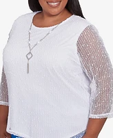 Alfred Dunner Plus Parrot Cay Popcorn Mesh Crew Neck Top with Necklace