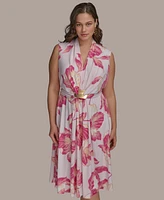Donna Karan New York Plus Floral-Print Belted Midi Dress