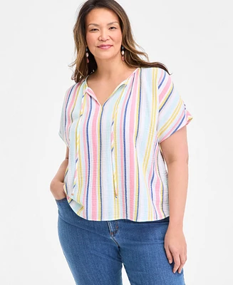 Style & Co Plus Printed Tie-Neck Short-Sleeve Shirt, Exclusively at Macy's