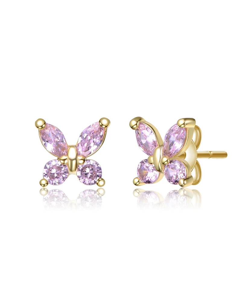 GiGiGirl Sterling Silver 14K Gold Plated with Pink Cubic Zirconia Flower Butterfly Stud Earrings