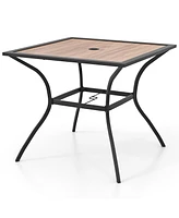 Gymax Patio Table for 4 People w/ Umbrella Hole Wood-Like Tabletop Metal Support Legs