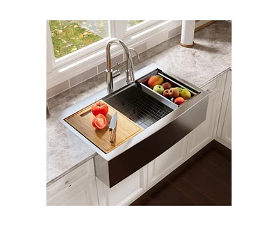 DeerValley 36" L x 22" W Apron Front Farmhouse Single Bowl Stainless Steel Workstation Kitchen Sink with Accessories