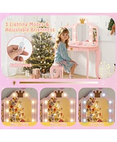 Kids Vanity Set with Tri-Fold Lighted Mirror, Detachable Top, and Stool Fun Dressing Table for