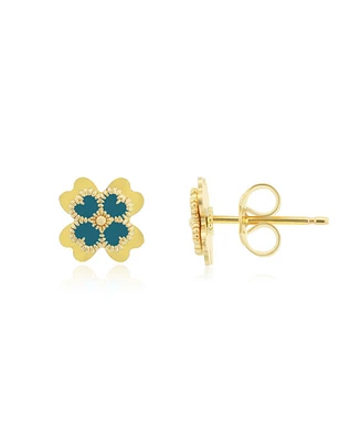 The Lovery Ocean Blue Enamel Four Leaf Clover Stud Earrings 14K Gold