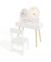 Kids Princess Makeup Dressing Desk and Chair Set with Mirror and Lights Fun Vanity Set for Toddlers