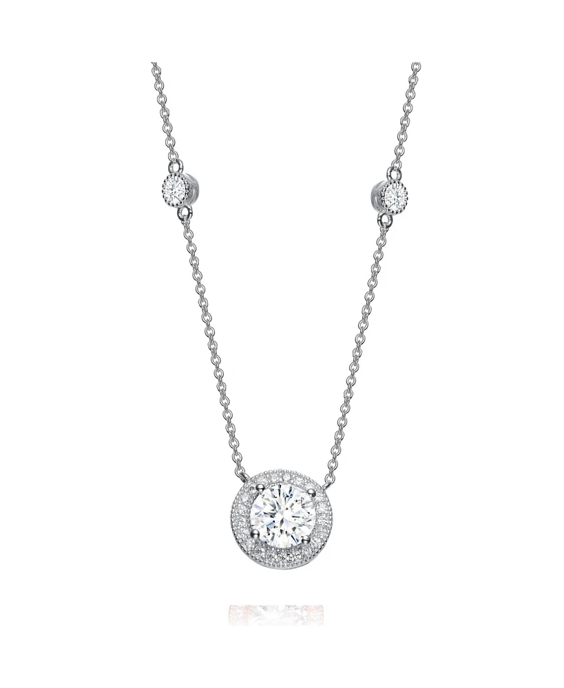 Sterling Silver White Gold Plated with Clear Round Cubic Zirconia Solitaire Necklace