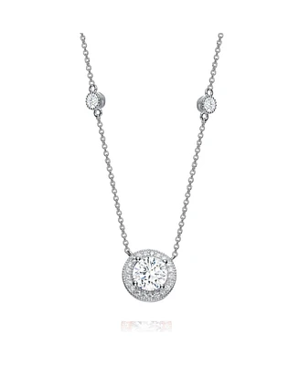 Sterling Silver White Gold Plated with Clear Round Cubic Zirconia Solitaire Necklace