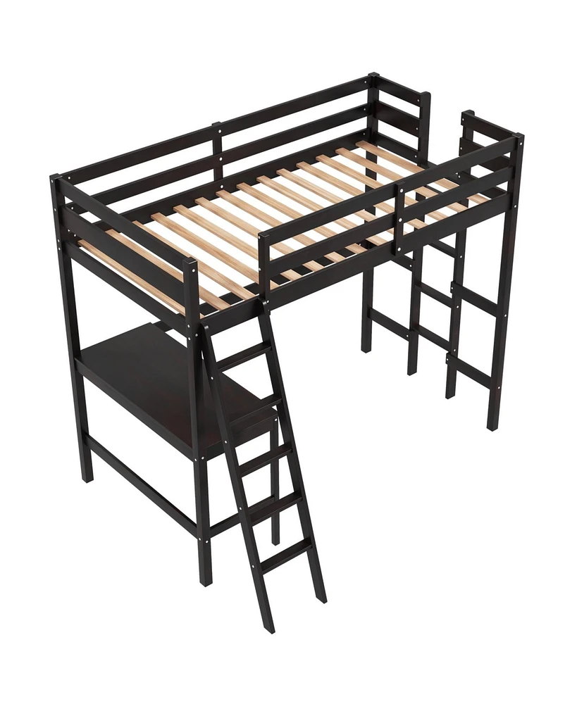 Loft Bed Frame with Angled Desk and Built-in Ladder Space-Saving Design for Bedroom or Dorm