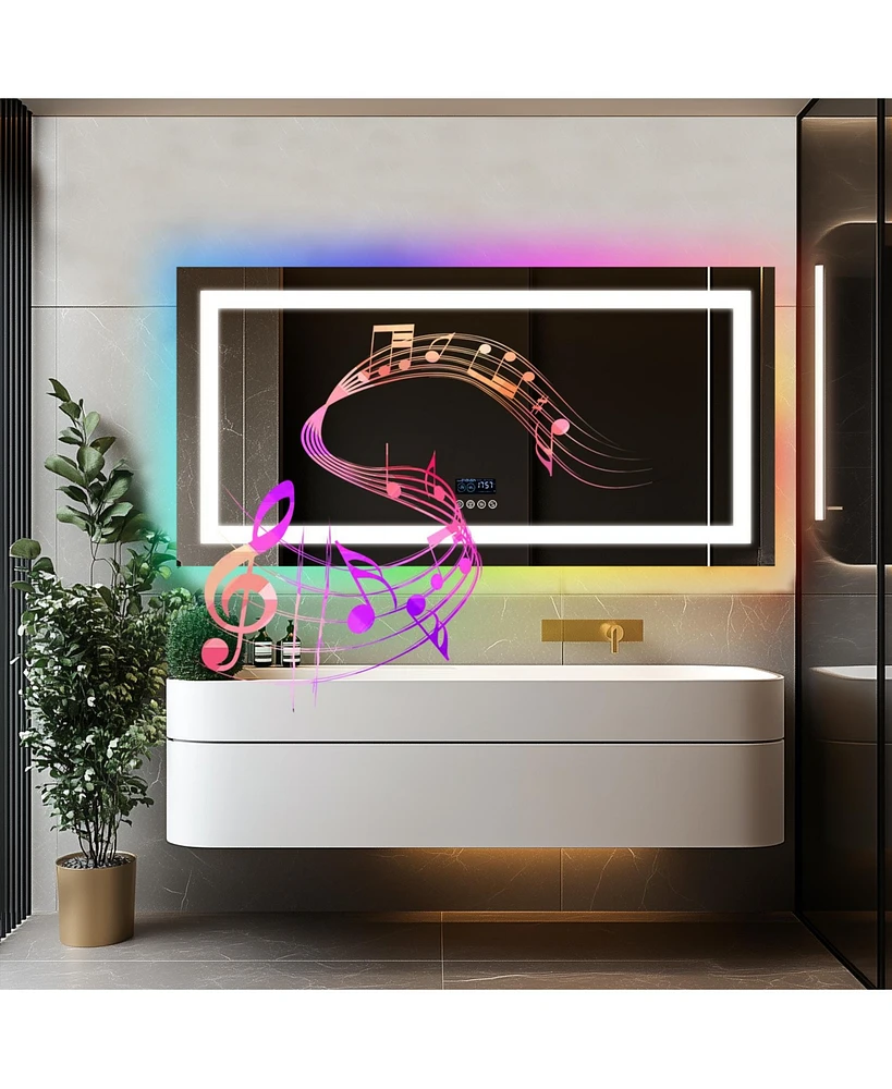 Luvodi 55.12 x 27.56" Led Bluetooth Bathroom Mirror Front-lit Rgb Backlit Wall Defog Vanity Mirror