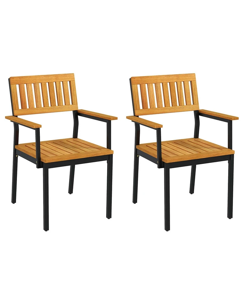 Dining Chair Set of 2 with Acacia Wood Backrest Slanted Seat Comfortable Armrests