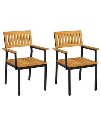 Dining Chair Set of 2 with Acacia Wood Backrest Slanted Seat Comfortable Armrests