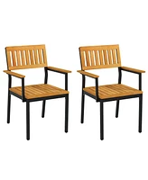 Dining Chair Set of 2 with Acacia Wood Backrest Slanted Seat Comfortable Armrests