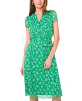 Msk Petite Printed Split-Neck Tie-Waist Short-Sleeve Dress