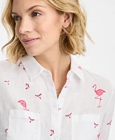 Charter Club Women's Linen Flamingo-Print Roll-Tab Shirt, Exclusively at Macy's