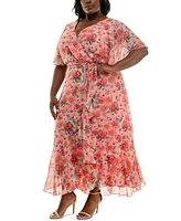 Taylor Plus Floral-Print Flutter-Sleeve Maxi Dress