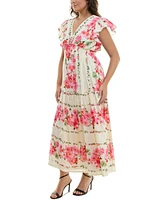 Taylor Plus Floral-Print Flutter-Sleeve Maxi Dress