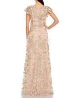 Women's Embroidered Applique Wrap Over Flutter Sleeve Gown