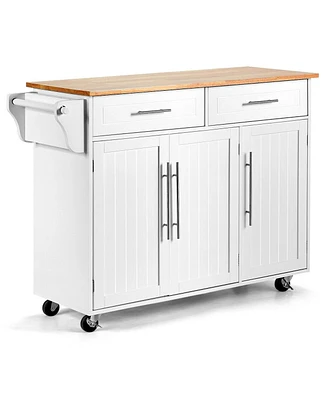 Rolling Kitchen Trolley Cart with Wood Countertop and Storage Cabinet