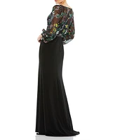 Women's Embroidered Illusion Puff Sleeve Column Gown