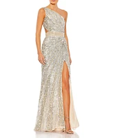 Women's Sequined One Shoulder Draped Lace Up Gown