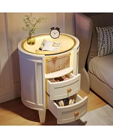 Tribesigns Oval Nightstand No Assembly, 2-Drawer Led Nightstand with Glass Tabletop,Modern White Nightstand Round Night Stand Side Table for Bedroom