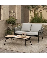 LuxenHome Outdoor Aluminum with Pe Rattan Loveseat Sofa with Cushions and Coffee Table Set