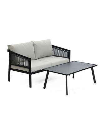 LuxenHome Outdoor Black Steel with Pe Rattan Loveseat with Cushions and Coffee Table Set