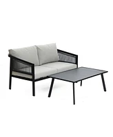 LuxenHome Outdoor Black Steel with Pe Rattan Loveseat with Cushions and Coffee Table Set