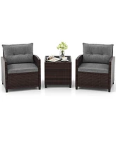 Gymax Set of 3 Rattan Furniture Patio Cushioned Conversation Sofa