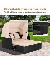 Patio Rattan Daybed with Retractable Canopy and Side Tables