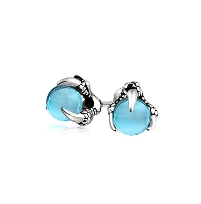 Bling Jewelry Gothic Punk Rocker Dragon Claw Stud Earrings Aqua Blue Ball Silver Tone