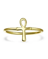 Bling Jewelry Minimalist Silver Ring with Egyptian Ankh Cross 14K Gold Plated Sterling Band