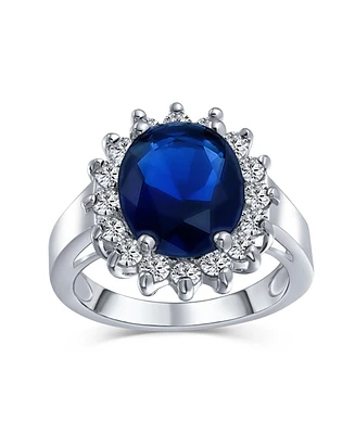 Bling Jewelry Classic Traditional 5CTW Royal Blue Cz Crown Halo Oval Cubic Zirconia Promise Ring Silver Plated