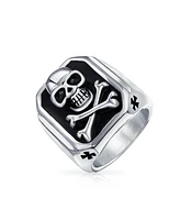 Bling Jewelry Mens Stainless Steel Black Pirate Skull Crossbones Signet Ring Silver Tone