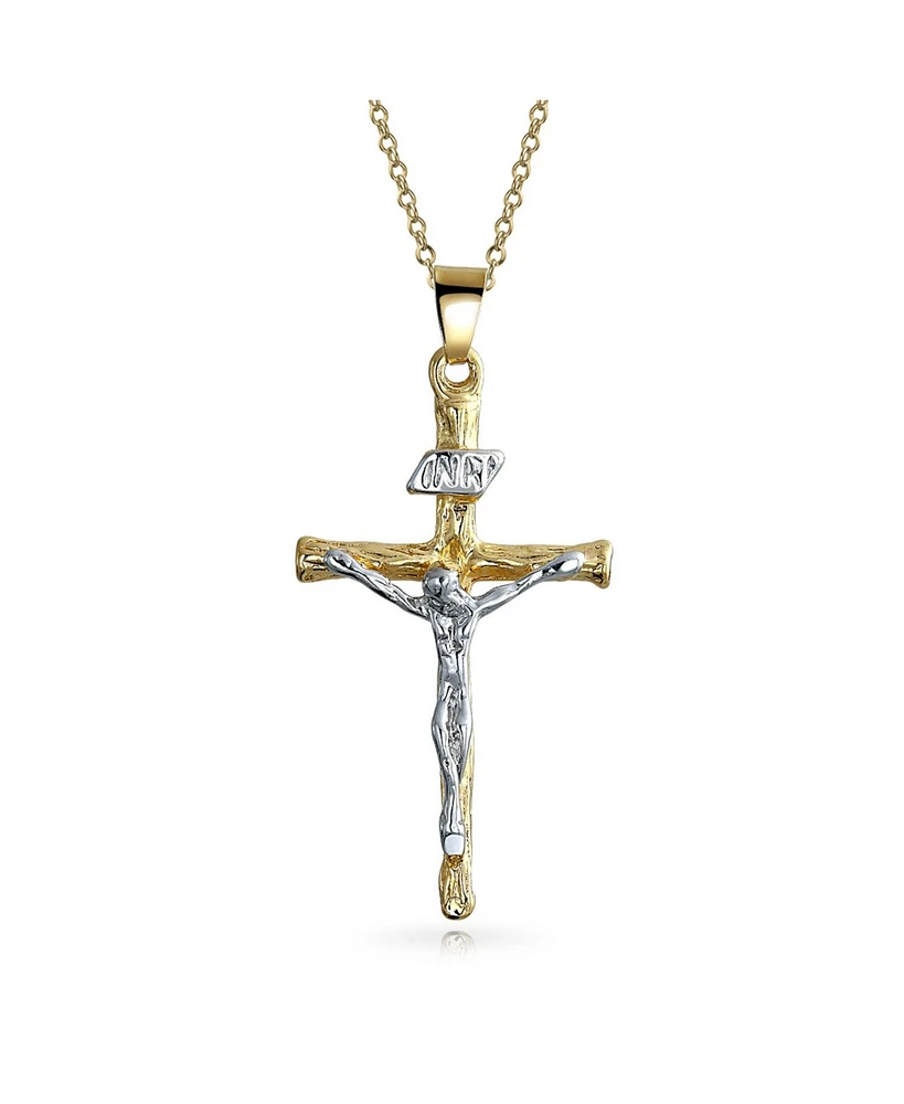 Bling Jewelry Jesus Inri Crucifix Cross Pendant Necklace Two Tone 18K Gold Plated