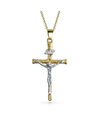 Bling Jewelry Jesus Inri Crucifix Cross Pendant Necklace Two Tone 18K Gold Plated