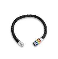 Bling Jewelry Striped Rainbow Flag Black Braided Leather Lgbtq Bracelet with Stainless Clasp