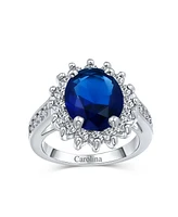 Bling Jewelry Classic Traditional 5CTW Royal Blue Cz Crown Halo Oval Cubic Zirconia Side Stones Promise Ring Silver Plated