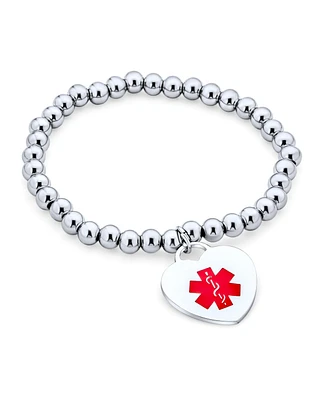 Bling Jewelry Medical Id Bracelet with Heart Charm and Stretchable Stainless Steel Tag