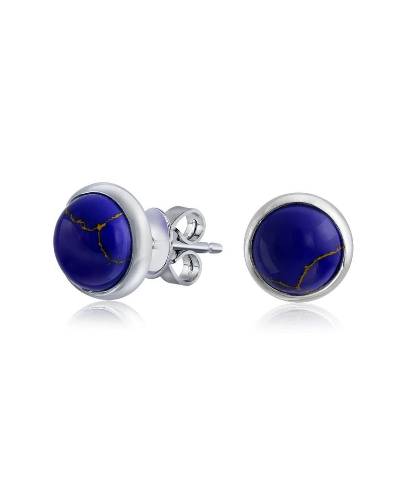 Bling Jewelry Simple Created Blue Lapis Turquoise Black Onyx Bezel Set Round Dome Button Stud Earrings Yellow 14K Gold Plated .925 Sterling Silver