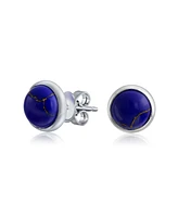 Bling Jewelry Simple Created Blue Lapis Turquoise Black Onyx Bezel Set Round Dome Button Stud Earrings Yellow 14K Gold Plated .925 Sterling Silver